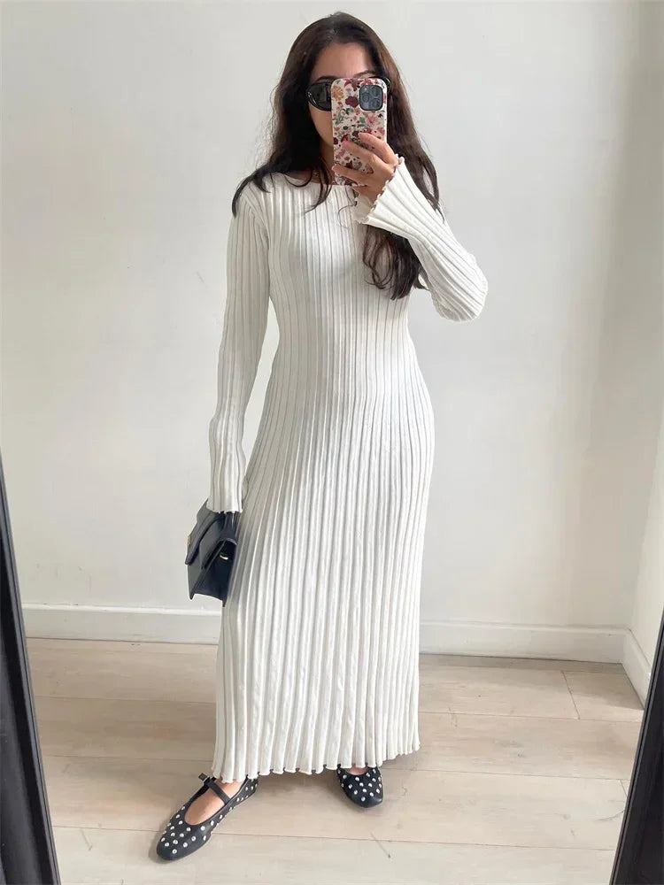 WARMMETA Lace-Up Female Knit Maxi Dress Autumn High Waist Fashion Patchwork Long Sleeve Loose Solid Dress Bandage Knitwear Dress