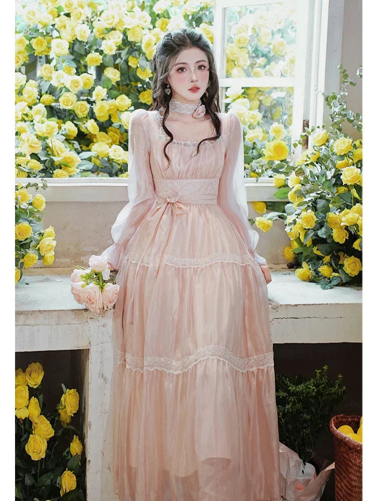 Rosepetal River Fairycore Princess Dress with Choker Necklace