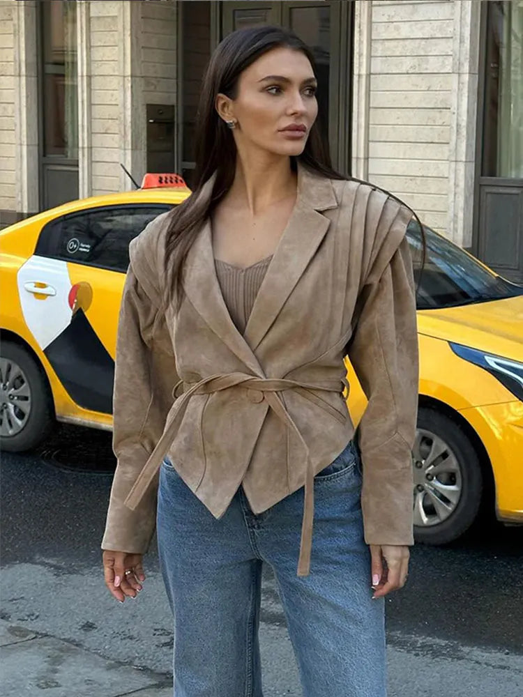 Fashion Solid Irregular Hem Lapel Jackets With Belt Women Elegant Long Sleeve Button Pleated Coats 2024 New Lady Chic Outerwear