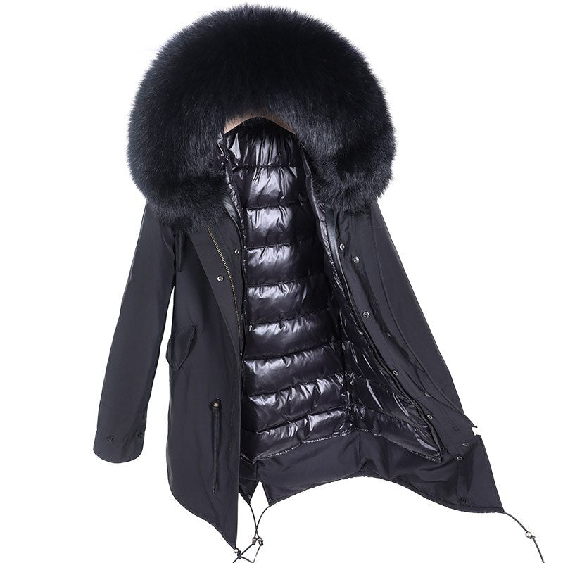 warmmeta 2023 Winter Hooded Thick Natural Real Raccoon Fur Collar Placket with Cuffs Down Jacket Woman Parkas Long Puffer Coat