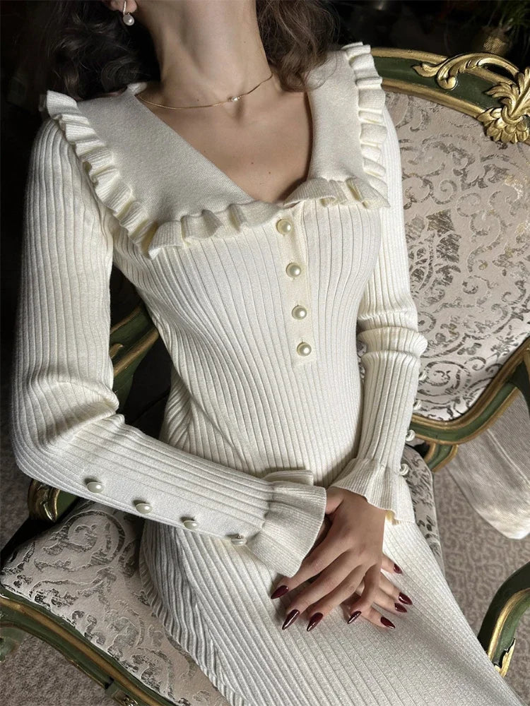 Tea party dress to impress Spring Summer Fashion Women Dresses High Waist Maxies Elegant Long Sleeve Vintage Ruffles Knitted Vestidos 2024