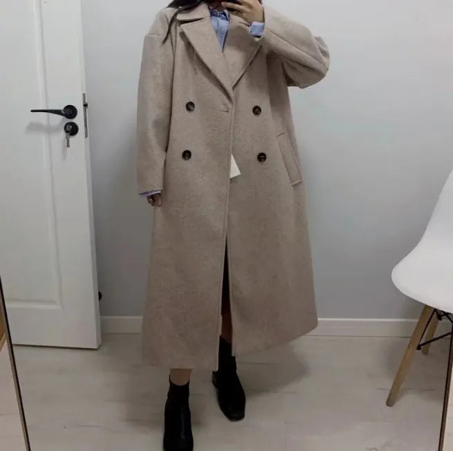 Ladies Elegant Solid Woolen Coats For Women Fashion Lapel Double Breasted Warm Maxi Jackets Autumn Winter Chic Casual Overcoats