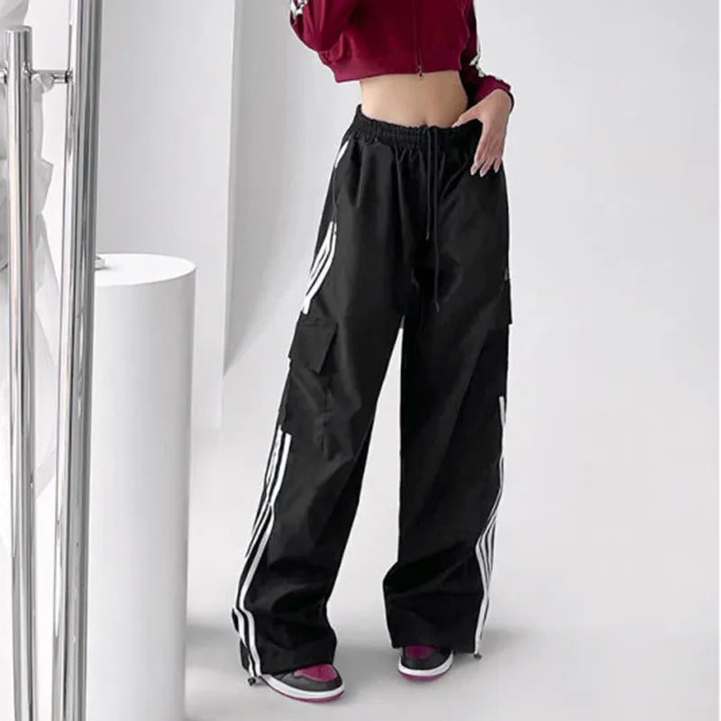 MEXZT Striped Sweatpants Women Hip Hop Streetwear Baggy Wide Leg Cargo Pants Bf Y2K High Waist Drawstring Joggers Trousers