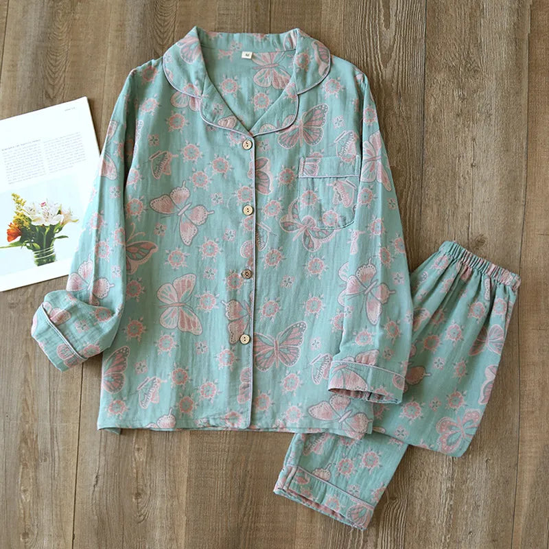 2023 Japanese Spring and Autumn New Women's Pajama Set 100% Cotton Vintage Long sleeved Pants Two Piece Set for Home Furnishings