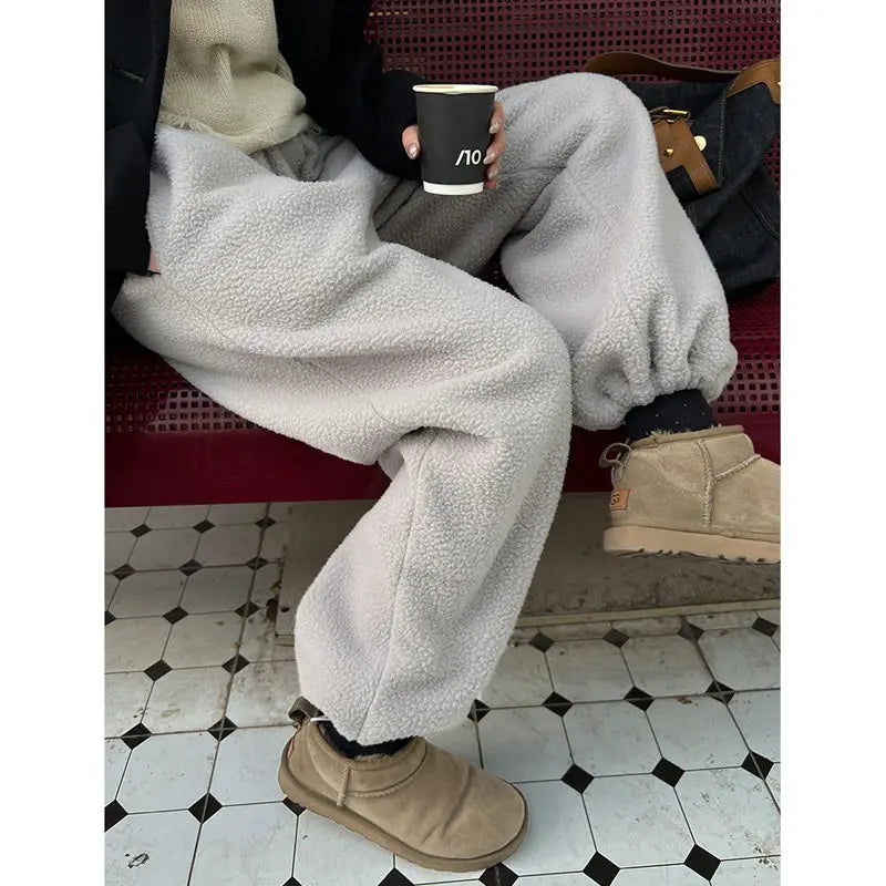 HOUZHOU Winter Gray Brushed Fleece Pants Women Korean Style Lambswool Jogging Sweatpants Oversize Navy Wide Leg Trousers Warm