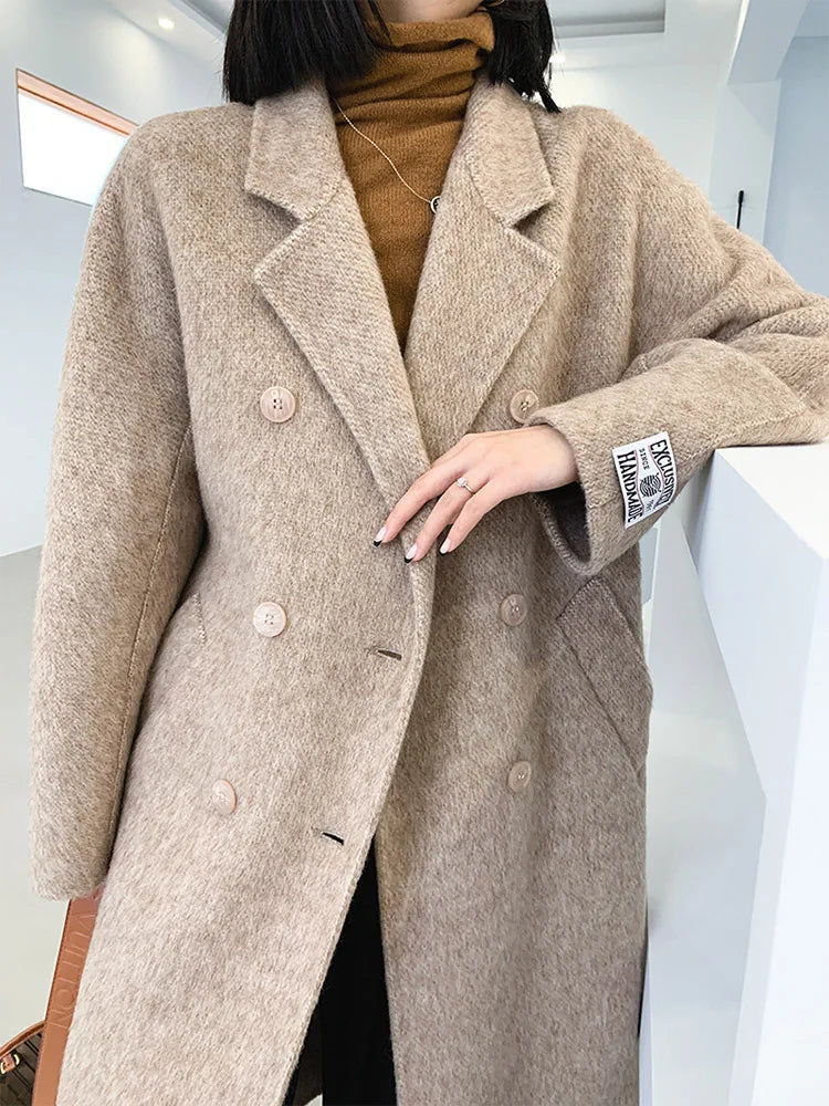 New High-end Women Wool Herringbone Loose Double-sided Wool Coat Temperament Handmade Natural Wool Fashion Jacket Autumn Winter