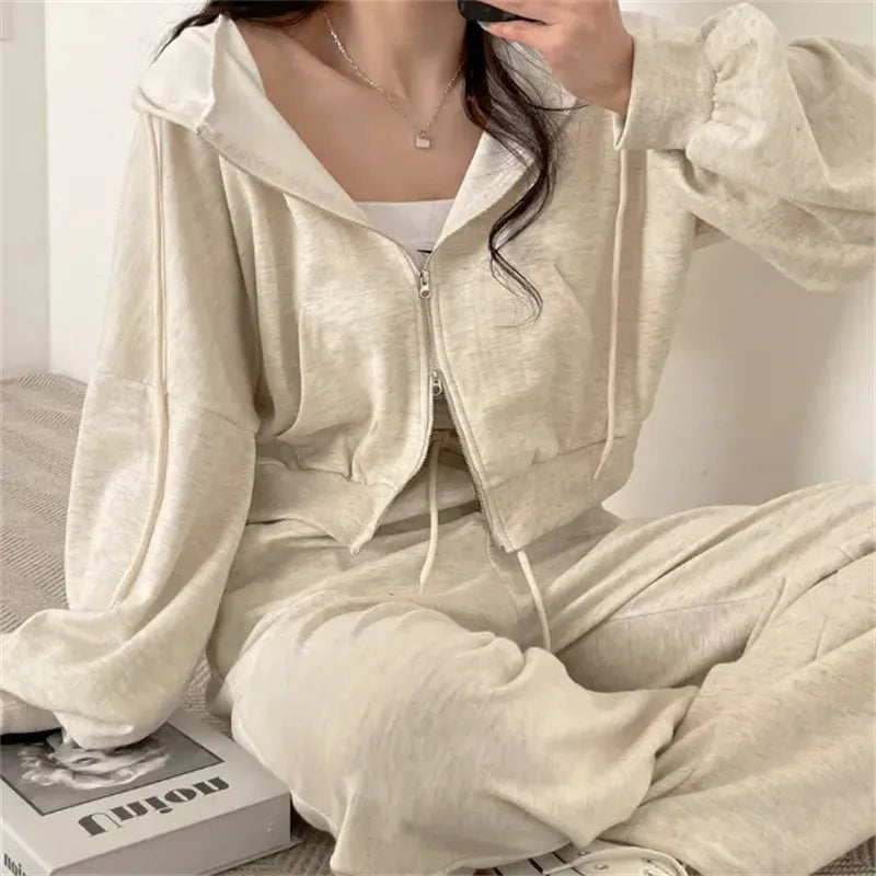 Women Pants Suits 2023 New Fall Korean Style Long Sleeved Zipper Top High Waist Casual Female Loose Sports 2 Piece Pants Sets