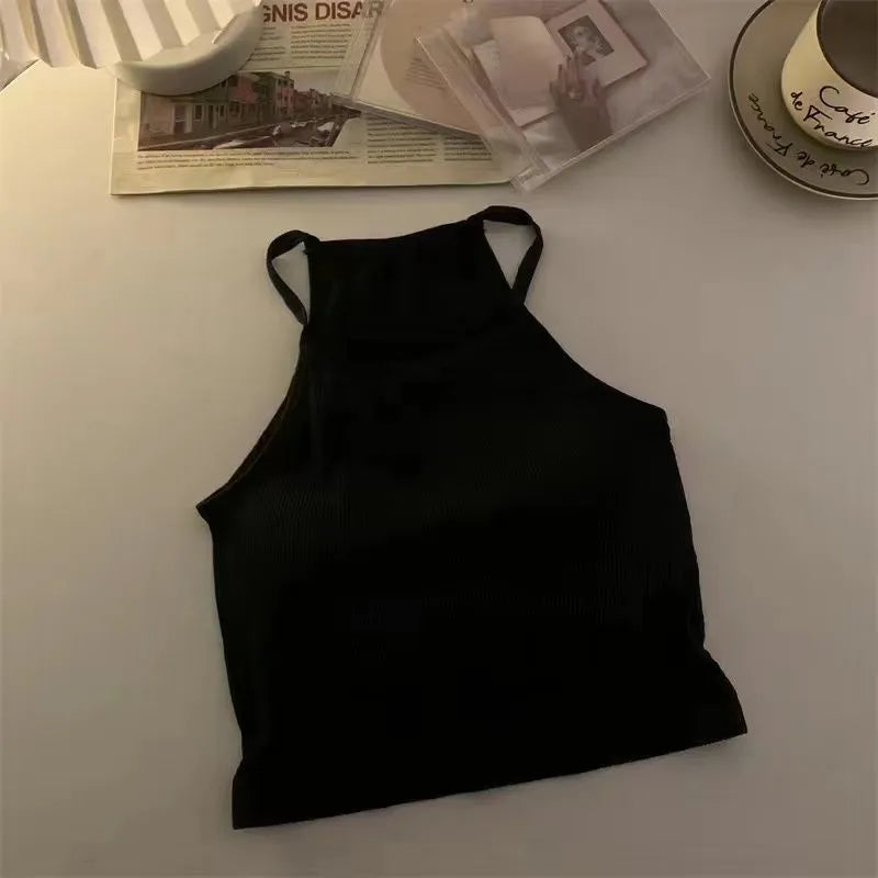 Korean Version Women Tank Tops Thread Solid Casual Fashion Crop Top with Chest Pad Stripe Sleeveless Outer Wear Basic Camisole