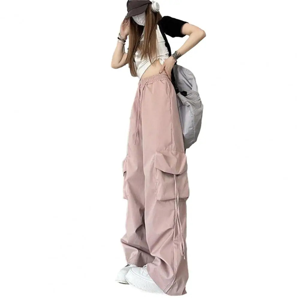 Retro Women Elastic High Waist Cargo Pants Drawstring Multi Pockets Straight Wide Leg Casual Long Trousers Streetwear