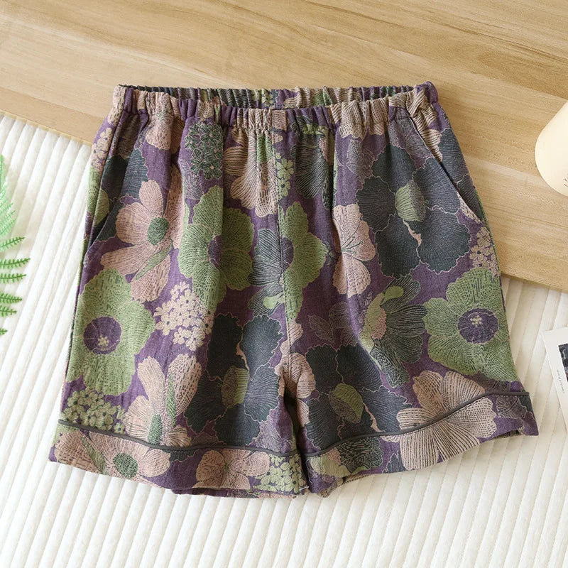 warmmeta-New Summer Women's Pajamas 100% Cotton Shorts Yarn-dyed Jacquard Shorts Women's Loose Home Pants Thin Home Pants Pajamas