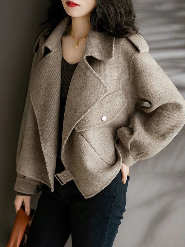 Women's Coat Woolen Blends Long Sleeve Autumn Short Coats Office Lady Turn-down Collar Thick Loose Winter Jackets for Women 2023