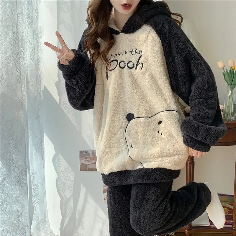 Flannel Pajamas Women Winter Loungewear Girls Sleepwear Suit Thick Cartoon Nighty Coral Velvet Kawaii Famale Home Clothes Sets