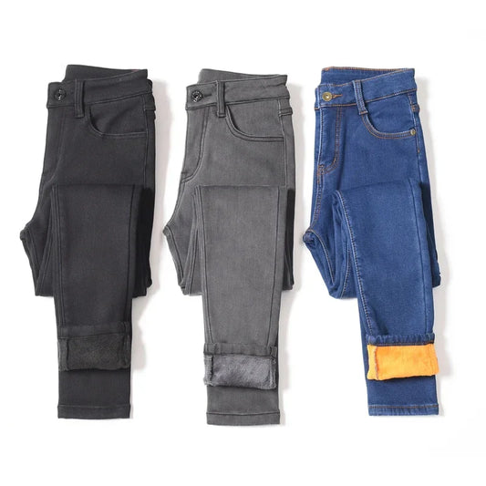 Warm Winter Size Slim Jeans Women Advanced Stretch Cotton Denim Pants Thick Fleece Student Trousers Blue Black Gray