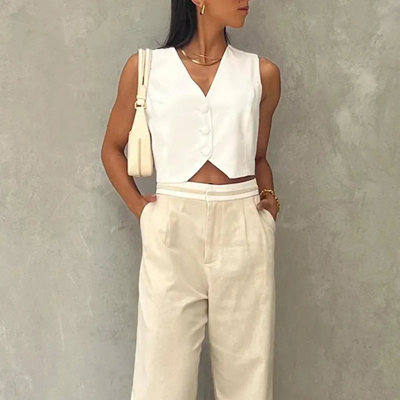 PICSGIRL  -  White Fashion 2 Piece Set for Women V-neck Sleeveless Vest And Wide Elastic Waist Pants Suit Summer Elagant Commute Outfits