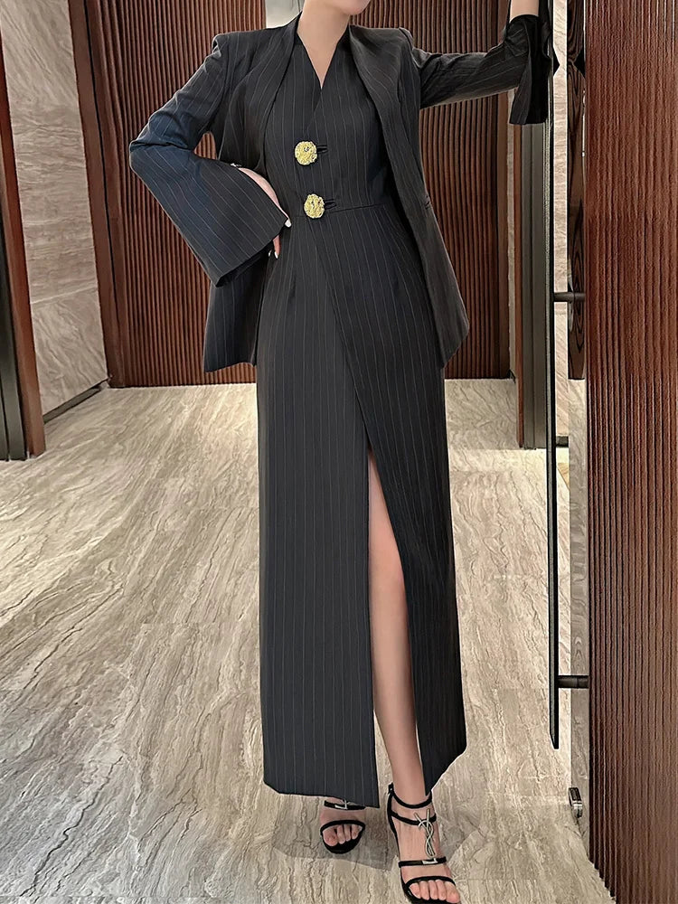 Women's 2 Pieces Sets Fashion Striped Suit Jacket V-neck Sleeveless Single Breasted Slit Dress Autumn 2024 New