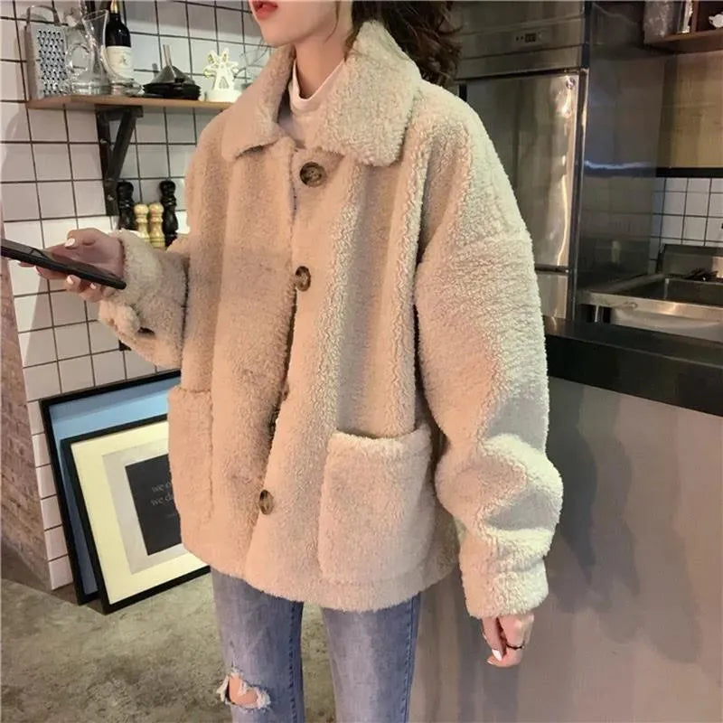 Deeptown Teddy Fleece Cropped Jackets Women Korean Fashion Vintage Harajuku Sweet Soft Girl Lambs Wool Coat Baggy Winter Loose