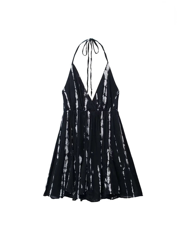 Women Suspended Dress Fashion Sling Tie-dye Printed Mini Sexy Backless with Tied Female Dresses Casual Bow Vestidos Mujer