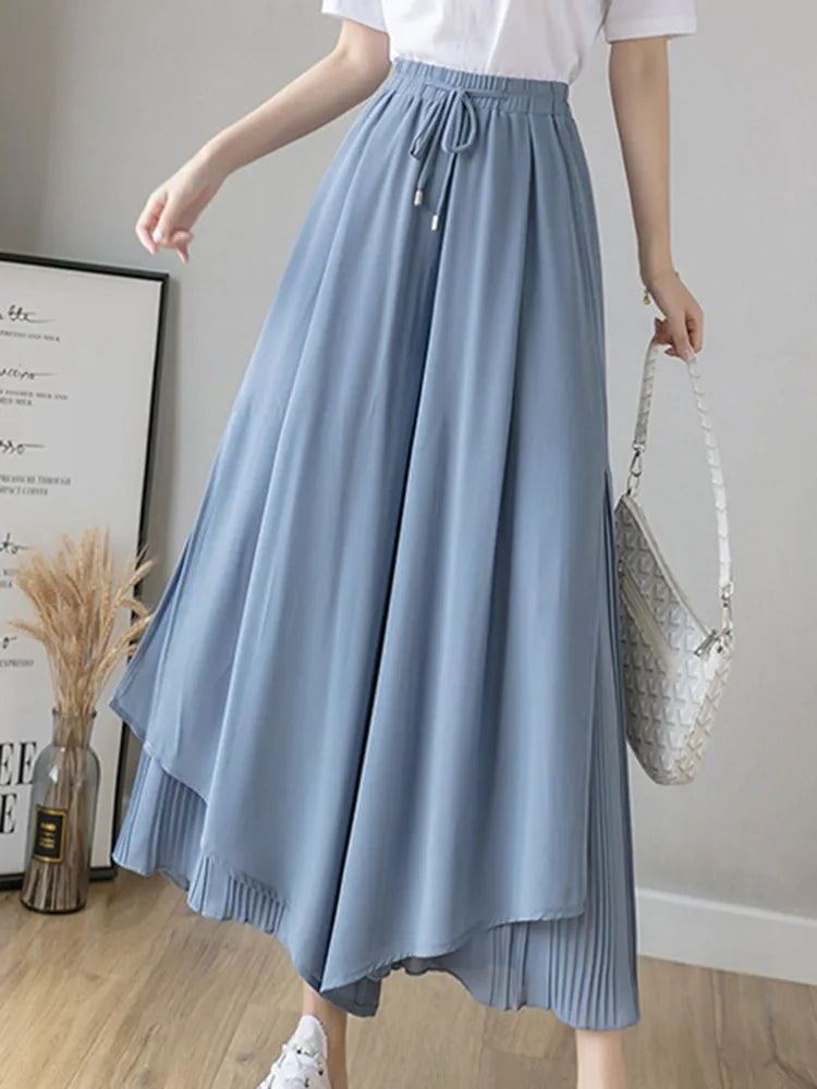 Elastic Wide Leg Pants Women Korean Fashion Chiffon Trousers Summer Casual Loose Pleated Pants Lady High Waist Street Skirt Pant