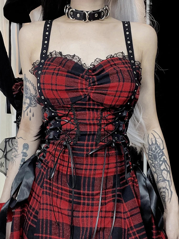 WARMMETA Mall Gothic Red Plaid Dress Women Streetwear Harajuku Emo Alt Lace Patchwork Bandage Corset Dress Y2k Cute Lolita Dress