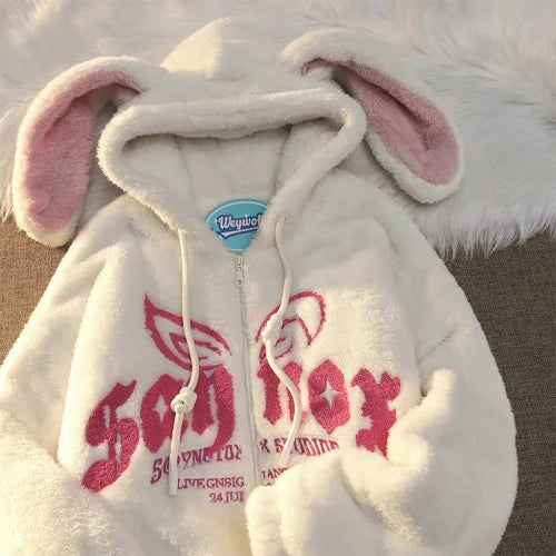 Hoodie Cotton Clothing Women Cute Fun Bunny Ears Lamb Velvet Cotton Clothes New Fashion Loose Zipper Hoodie Warm Coat Streetwear