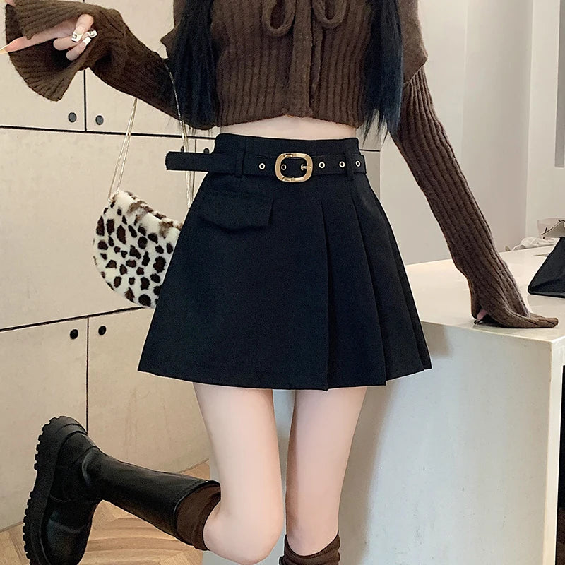 2023 Autumn/Winter Korean version high waisted slim pleated short skirt pants with irregular A-line wide leg shorts for women