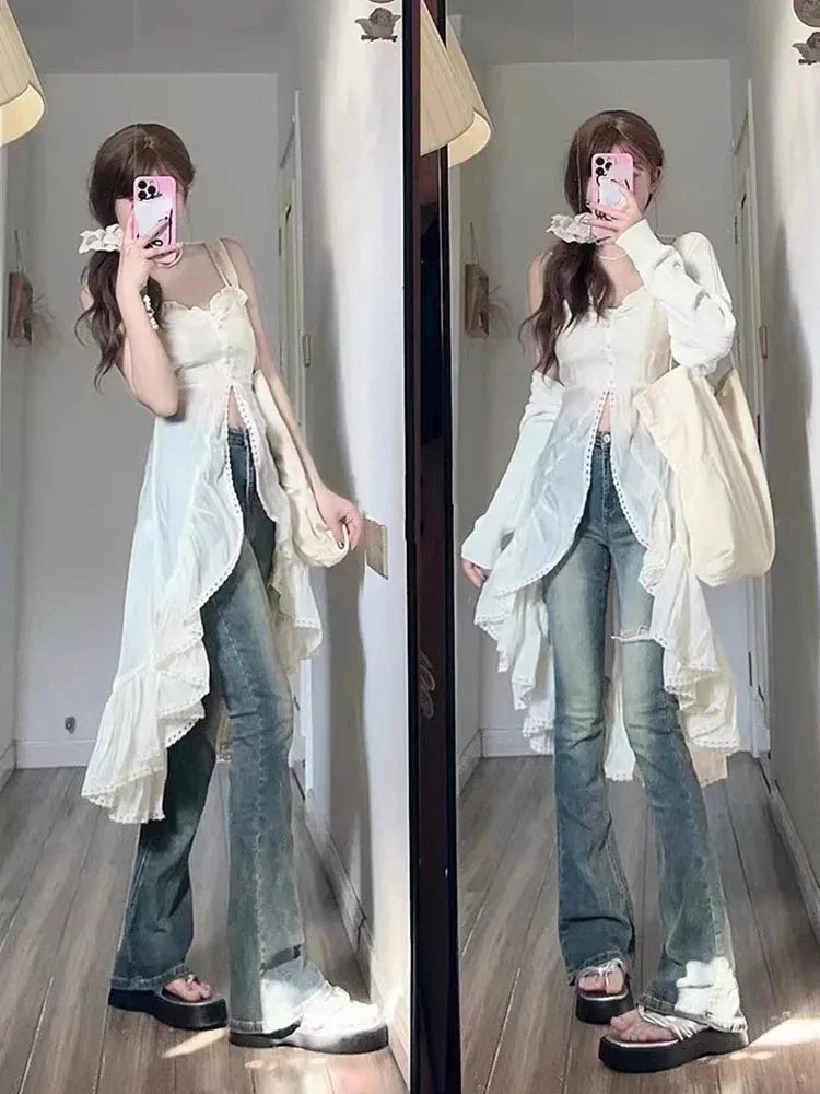 Chiffon Fashion Outfits 2 Piece Skirt Set  Sexy Strap Dress + Beige Long Tops Ruched Mori Girl Simple 2024 Summer Korean Fashion