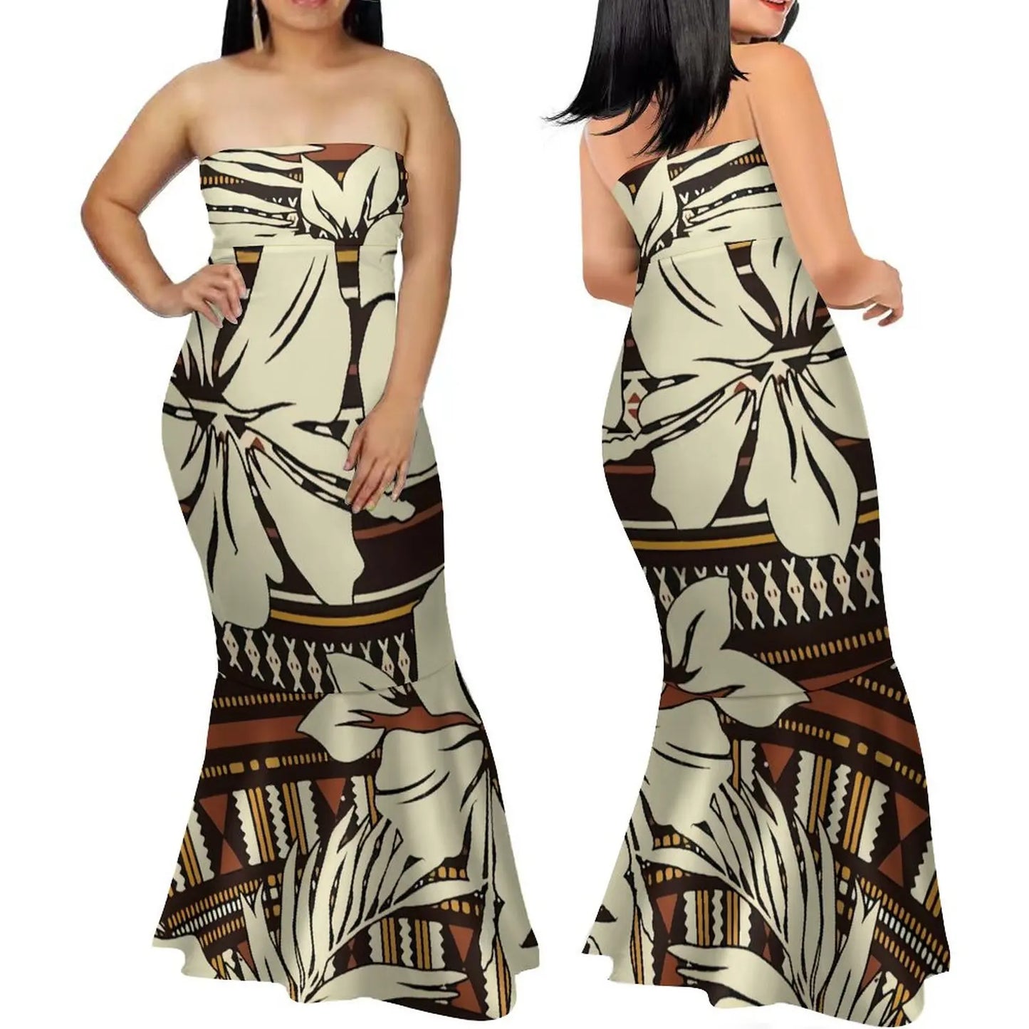 Strapless Hawaii Print Dress Polynesian Dress Mermaid Ruffle Bottom Samoa Maxi Skirt Polenesian Print Tribal Design