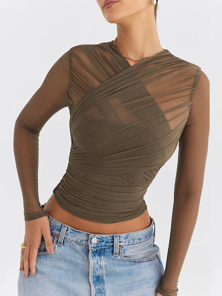 warmmeta Sheer Mesh Long Sleeve Sexy T-shirt Women Autumn New V Neck Zipper Layered Skinny Club Party Sexy Tops