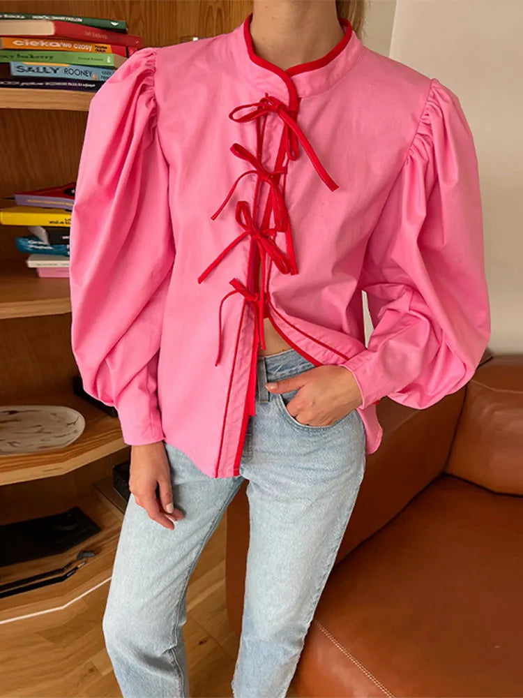 Elegant Color-matching Lace-up Shirt For Women Fahshion Stand Collar Lantern Sleeve Tops Spring Female Chic Commute Blouse