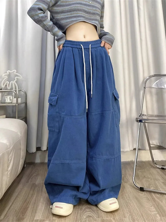 warmmeta-Korean Y2K Fashion Drawstring Casual Baggy Cargo Jeans Pants Women Clothing Straight Wide Leg Sweatpants Female Trousers