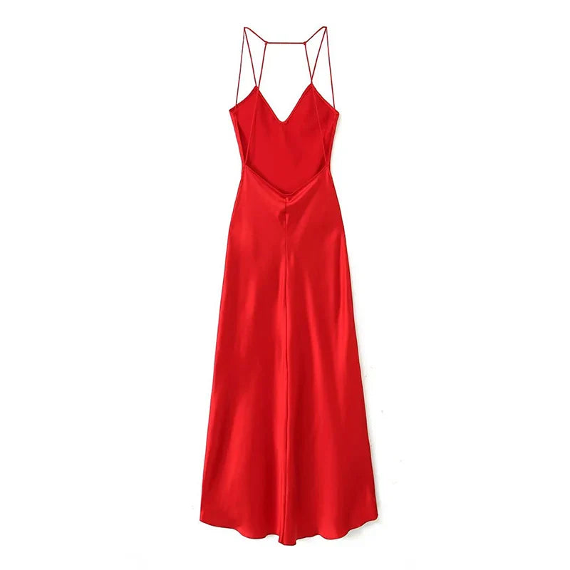 WARMMETA Women Sexy Backless Satin Red Sling Long Dress Christmas Party Vestidos