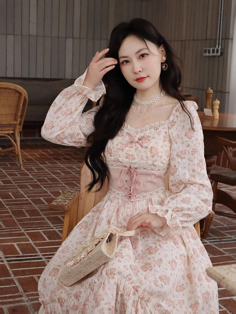 Pink Floral Elegant Dress Women Bandage Lace Print Sweet Vintage Dress Puff Sleeve Kawaii Dress Women Princess Fairy