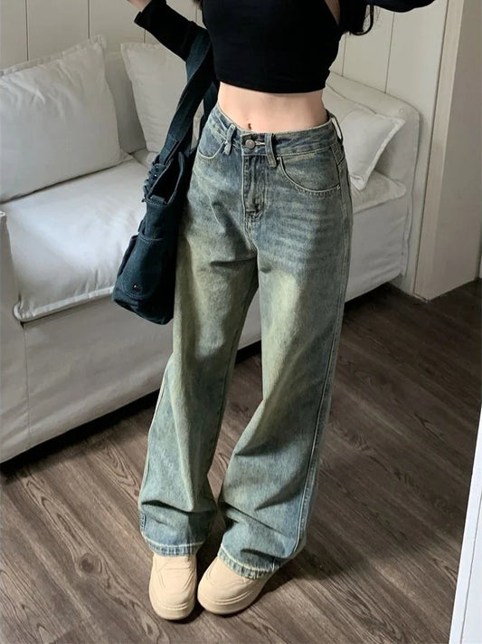 warmmeta Y2k Baggy Wide Leg Jeans Women Vintage Streetwear Washed Denim Pants Grunge Basic Slouchy Blue Trousers Femme Spring