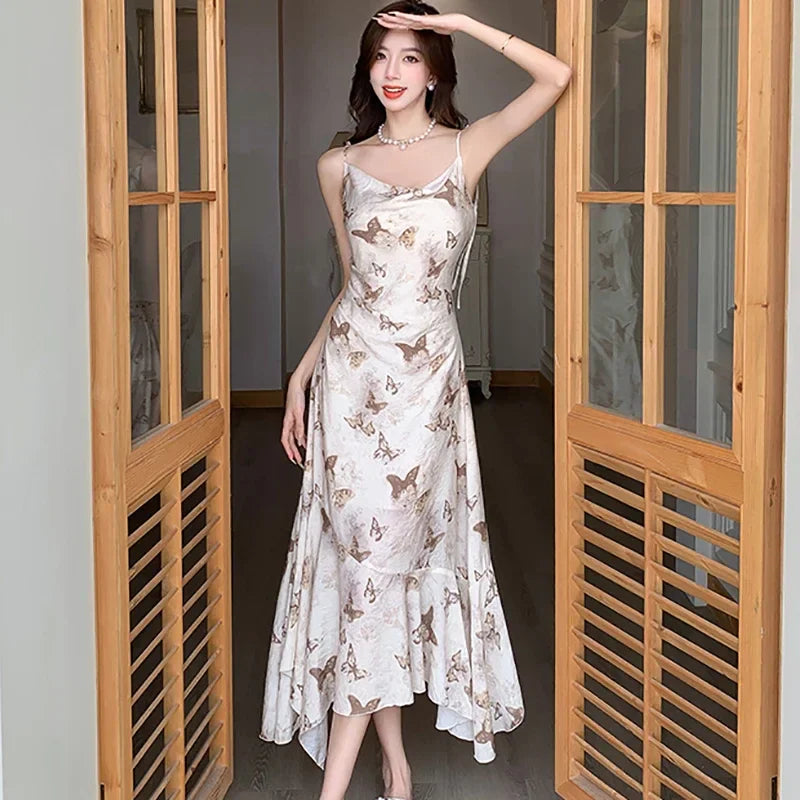 2024 New Print Chiffon Bow Sling Long Dress Summer Elegant Ruffled Mermaid Dress Women Korean Fashion Bodycon Casual Beach Dress