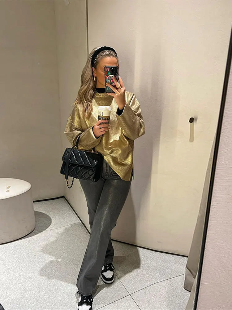 Fashion Gold Knit Sweater For Women Casual Crew Neck Long Sleeve Oversized Sweaters Female Elegant High Street Jumpers 2023