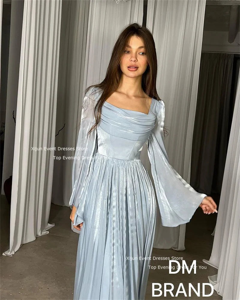 Blue A-Line Evening Dresses Long Sleeves Saudi Arabric Prom Dresses Square Collar Prom Gowns Pleats vestidos de novia 2023