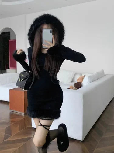 warmmeta Hot Girl Black Knitted Hooded Fur Dress Women's Winter Slim Fit Pure Sexy Hip Wrap Short Dress Fashion Female Clothes