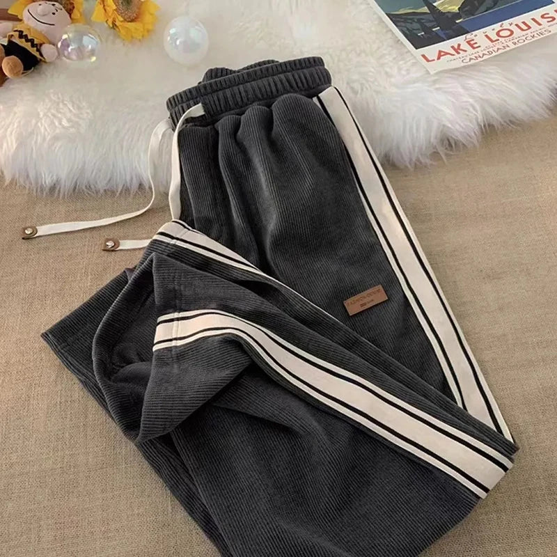 Fall Striped Corduroy Sweatpants Women Winter Thick High Waist Drawstring Wide Leg Trousers Y2K Korean All-Match Straight Pants