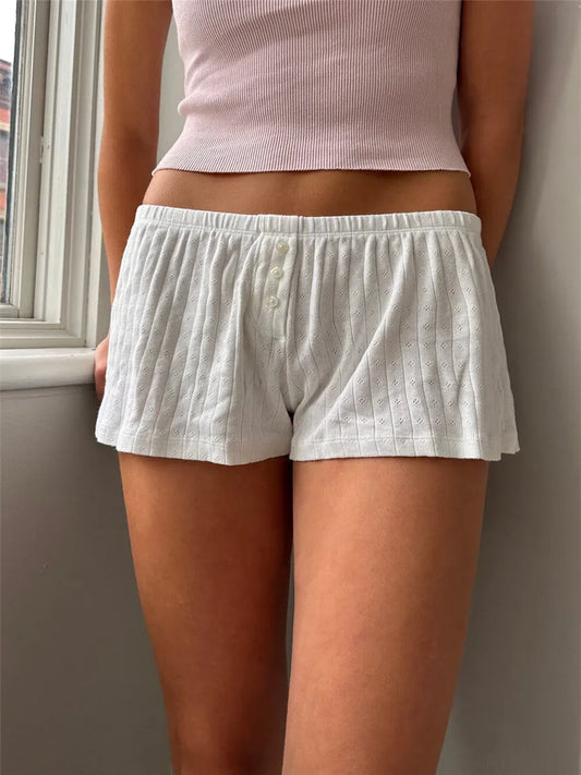 Y2k Cute Print Eyelet Lounge Shorts Women Summer Front Buttons Elastic Waist Casual Short Pants Homewear Vintage Sweet Bottoms