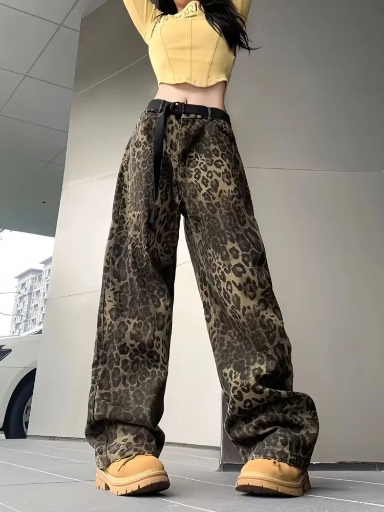 Leopard Wide Leg Jeans for Women High Waist Patchwork Button Loose Fashion Denim Pant Female Clothing Women's Straight Leg Pants