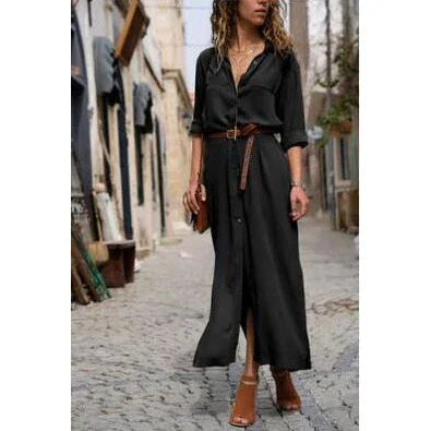 warmmeta-Summer Button Side Split Long Dress Women Solid Casual Loose Dress Ladies Long Sleeve Midi Dresses 2024 Luxuri Even Dress