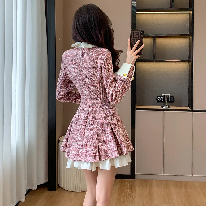 2023 Autumn Plaid Patchwork Women Dress Small Fragrance Tweed Single Breasted Sashes Pink Dresses Party Female Korean Vestidos