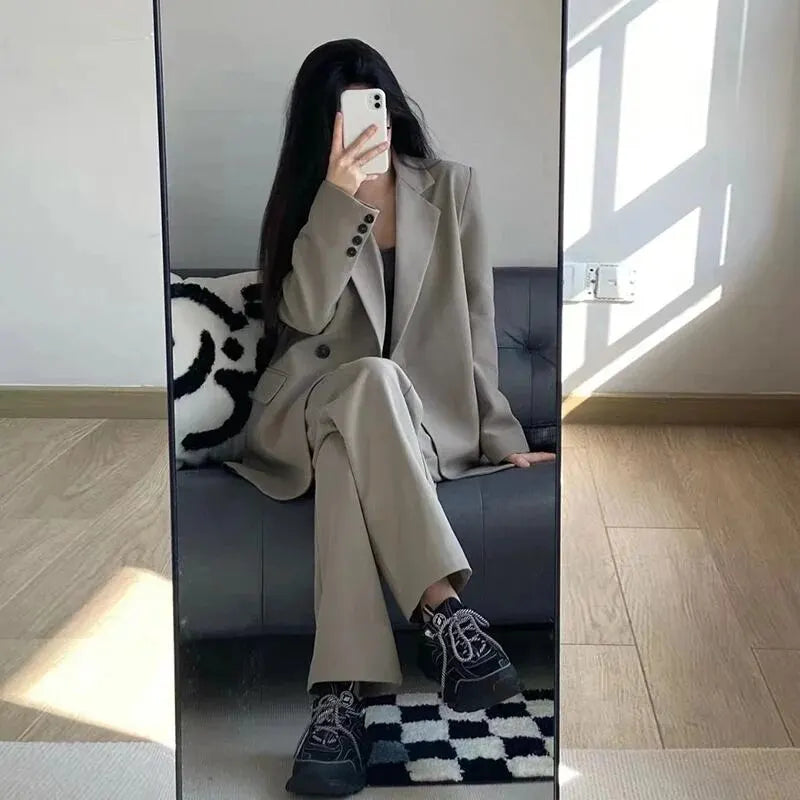 Fashionable Casual High-end Western Clothes Coat Women Spring Autumn Loose Slim Two-piece Western Clothes Set Tea Gray Pants