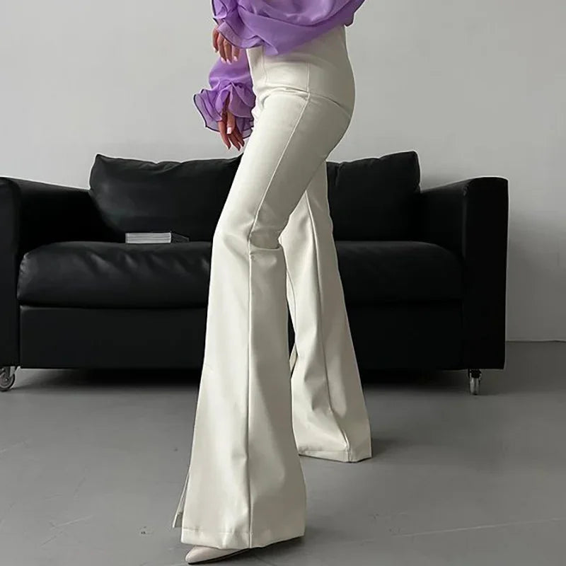 Euro-american Style 2022 Autumn and Winter New PU Leather White Splicing Slit Sexy Tight Micro Horn Leather Pants Women