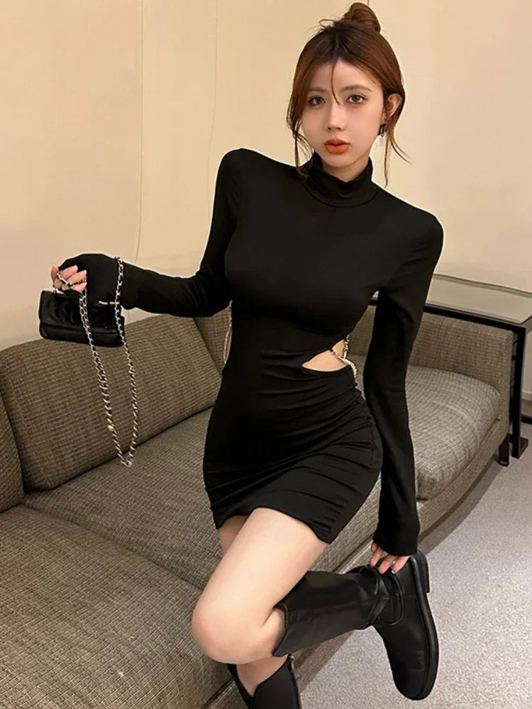 WARMMETA Hollow Out Sexy Dresses Women Chain Backless Long Sleeve Half High Collar Black Slim Stretch Elegant Party Dress Ladies