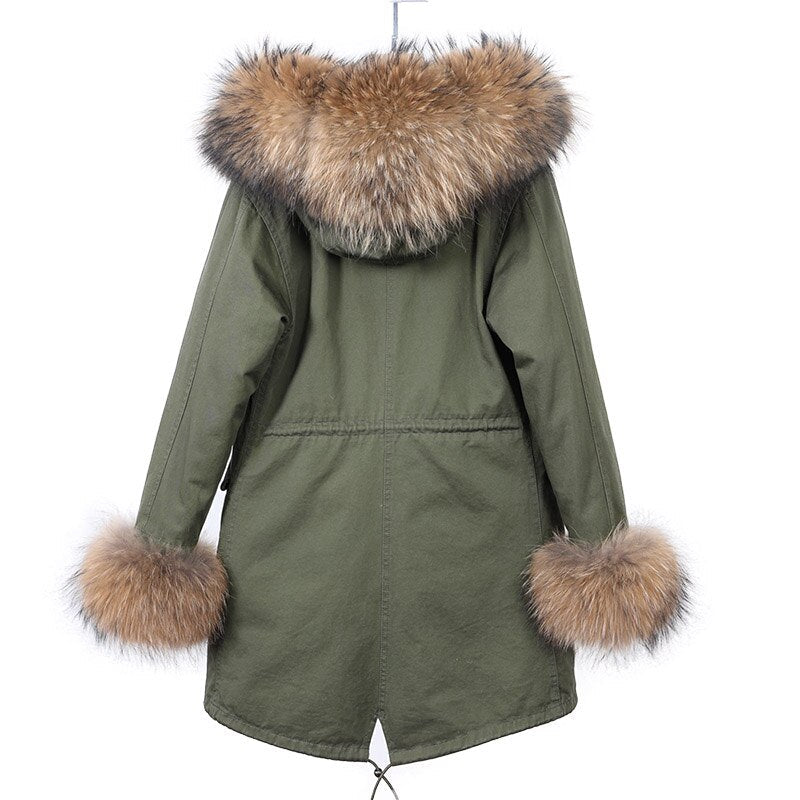 warmmeta 2023 Winter Hooded Thick Natural Real Raccoon Fur Collar Placket with Cuffs Down Jacket Woman Parkas Long Puffer Coat