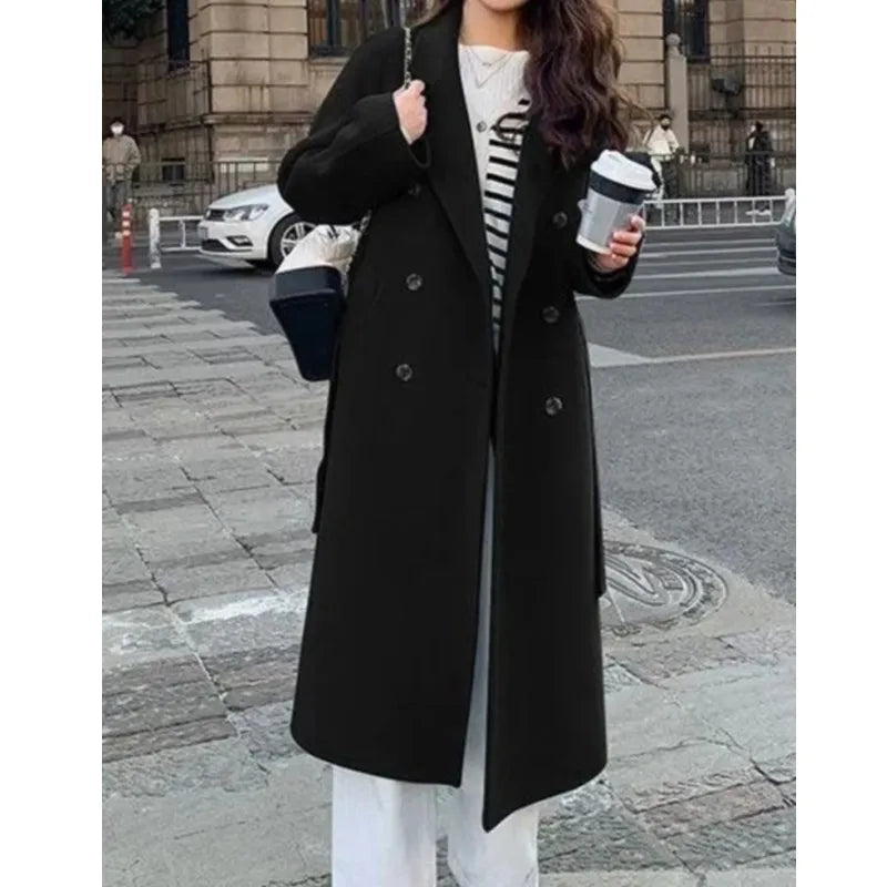 Korean Fashion Women Casual Loose Woolen Coat Elegant and Chic Solid Outerwear Long Overcoat with Belted Female Warm Cloak