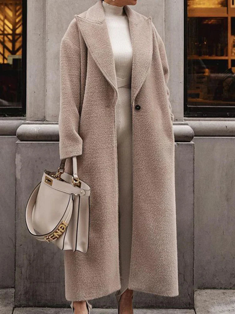 warmmeta Faux Woolen Long Coat Women Autumn Winter Long Sleeve Lapel Jacket Female Casual Fashion Solid Color One Button Thick Overcoat