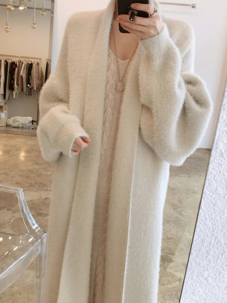 warmmeta Fluffy Long Cardigan Woman Autumn Winter Knitted Sweater Female Elegant Fashion Midi Knitwear Coat Ladies Sweet Loose Cardigans