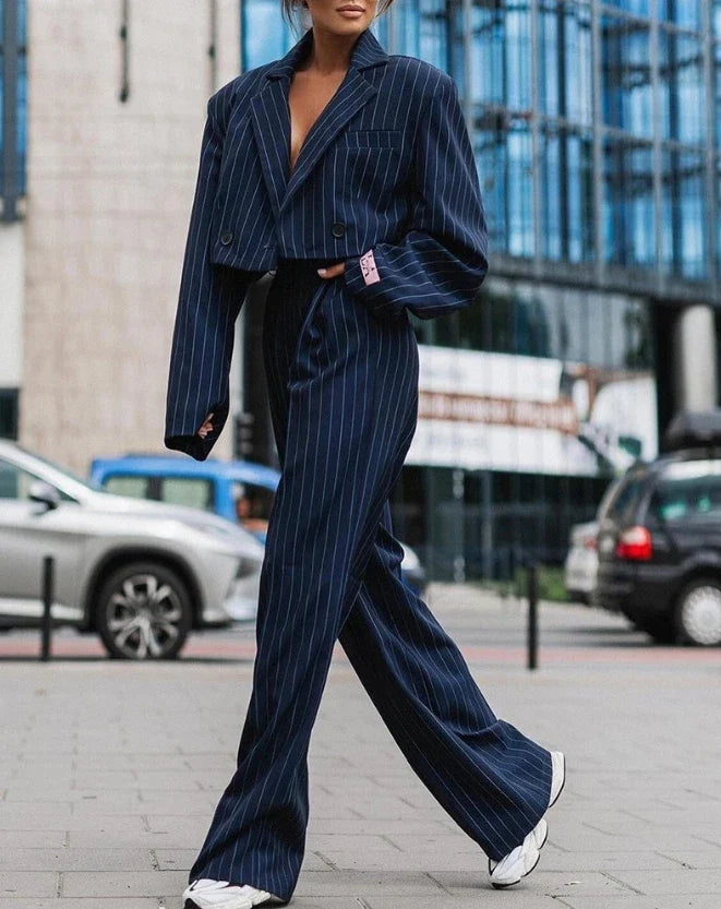 warmmeta Women's Pant Suits Autumn Fashion Street Ladies Office Work Formal Long Sleeve Striped Blazer & Straight Leg Pants Suit